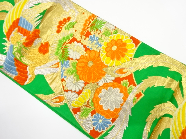 JAPANESE KIMONO / ANTIQUE FUKURO OBI / SILK / WOVEN KIKU & PHOENIX